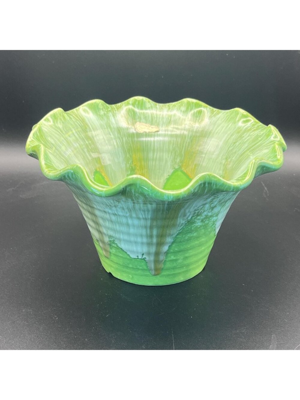 Royal Haeger Green Jardiniere Planter // 8" Ceramic Planter // Ruffled Rim